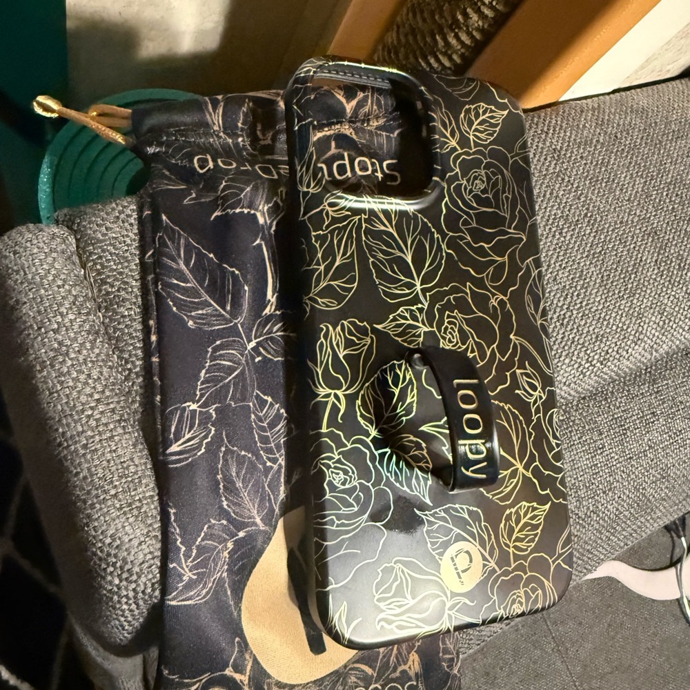Loopy Black and Gold Floral iPhone 13 Pro Max 6.7” Case and dust bag.